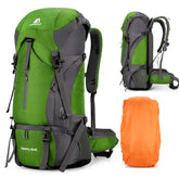 ShowyLive 70L backpack front view highlights durable 900D fabric for rugged outdoor use.