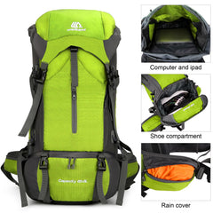 ShowyLive 70L hiking backpack rain cover deployed to keep gear dry