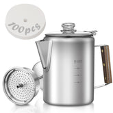 Shoxil coffee percolator top view shows durable stainless steel for camping.