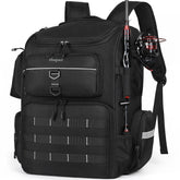 Shupaii 45L fishing backpack front view with integrated rod holders