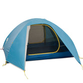 Sierra Designs Full Moon front view highlights two vestibules for gear storage