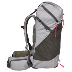 Sierra Designs Gigawatt 60L side pocket shows quick access storage for layers.