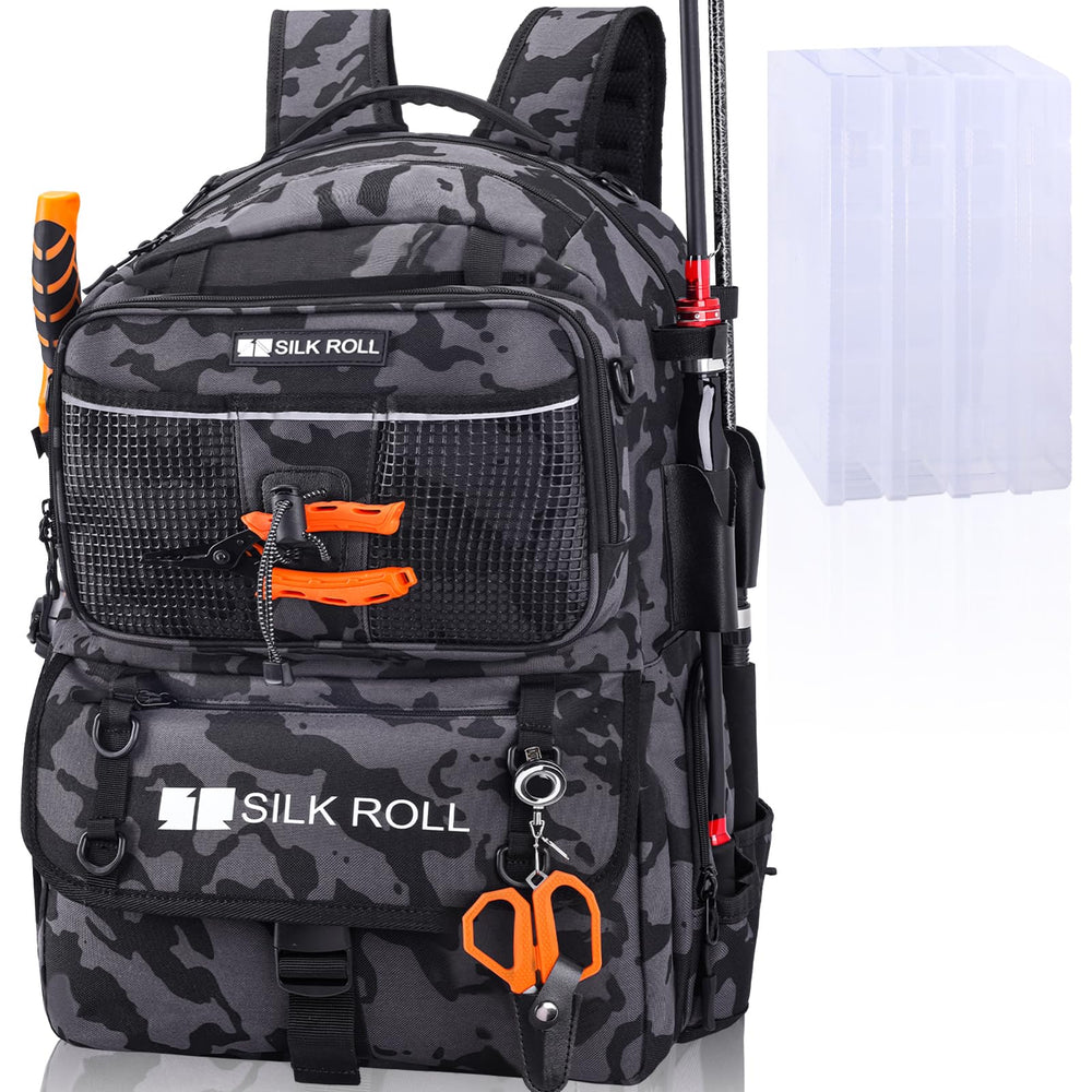 Front view of SILK ROLL 50L fishing backpack in gray camouflage