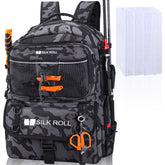 Front view of SILK ROLL 50L fishing backpack in gray camouflage