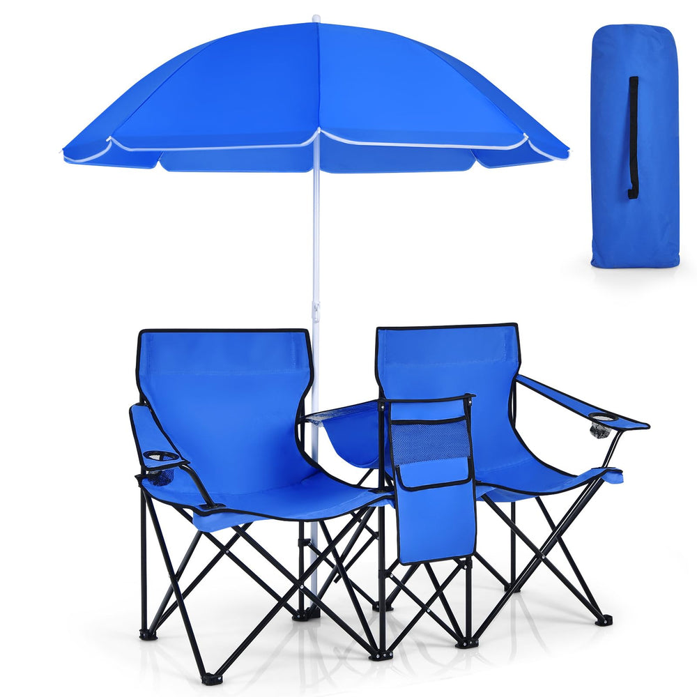 SILKYDRY double chair with canopy blue offers shaded seating for two outdoors.
