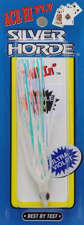 Silver Horde Ace Hi Needlefish Fly in Ultra-Violet Purple Haze, attracting bigger salmon for trolling.