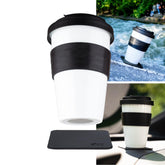 Silwy porcelain to-go cup with magnetic base for secure use on boats.