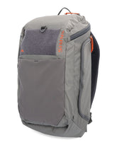 Simms Freestone Backpack Pewter front view highlights rugged durability for daily adventures.