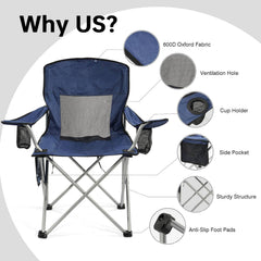 Simple Deluxe navy-blue chair with side pocket for sunscreen and small gear.