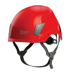 Singing Rock Flash Industry helmet in red protects workers from impacts and electrical hazards.