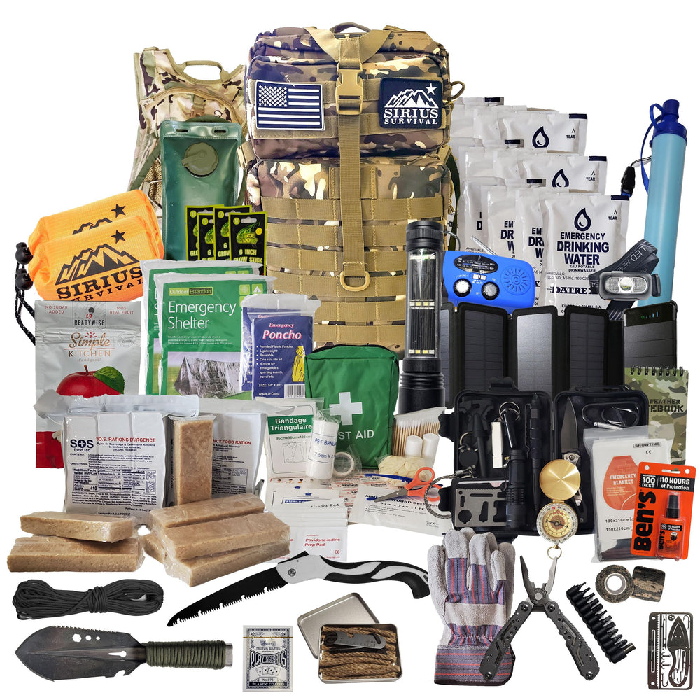 Sirius Survival bug out backpack camo exterior shows rugged durability for outdoor readiness.