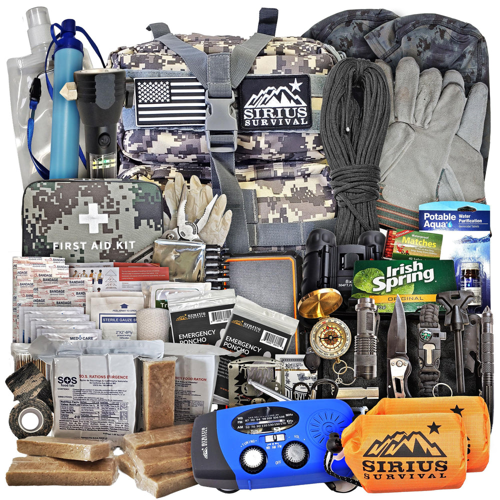 Sirius Survival bug-out bag with 72-hour kit, ready to grab in emergencies.