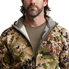 SITKA Alpha Fleece Hooded Jacket features seamless shoulders for pack comfort during long treks.