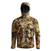 SITKA Dew Point hood deployed for rapid weather protection on a hike.