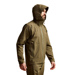 SITKA Dew Point jacket with pit zips opened to vent heat during climb.