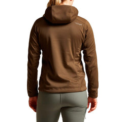 SITKA Jetstream Jacket in Mud, hooded view, ready for variable conditions.