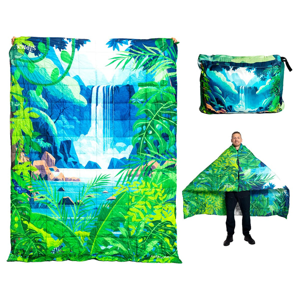 Sitpack Tropic Breeze blanket folded compact for travel and storage.