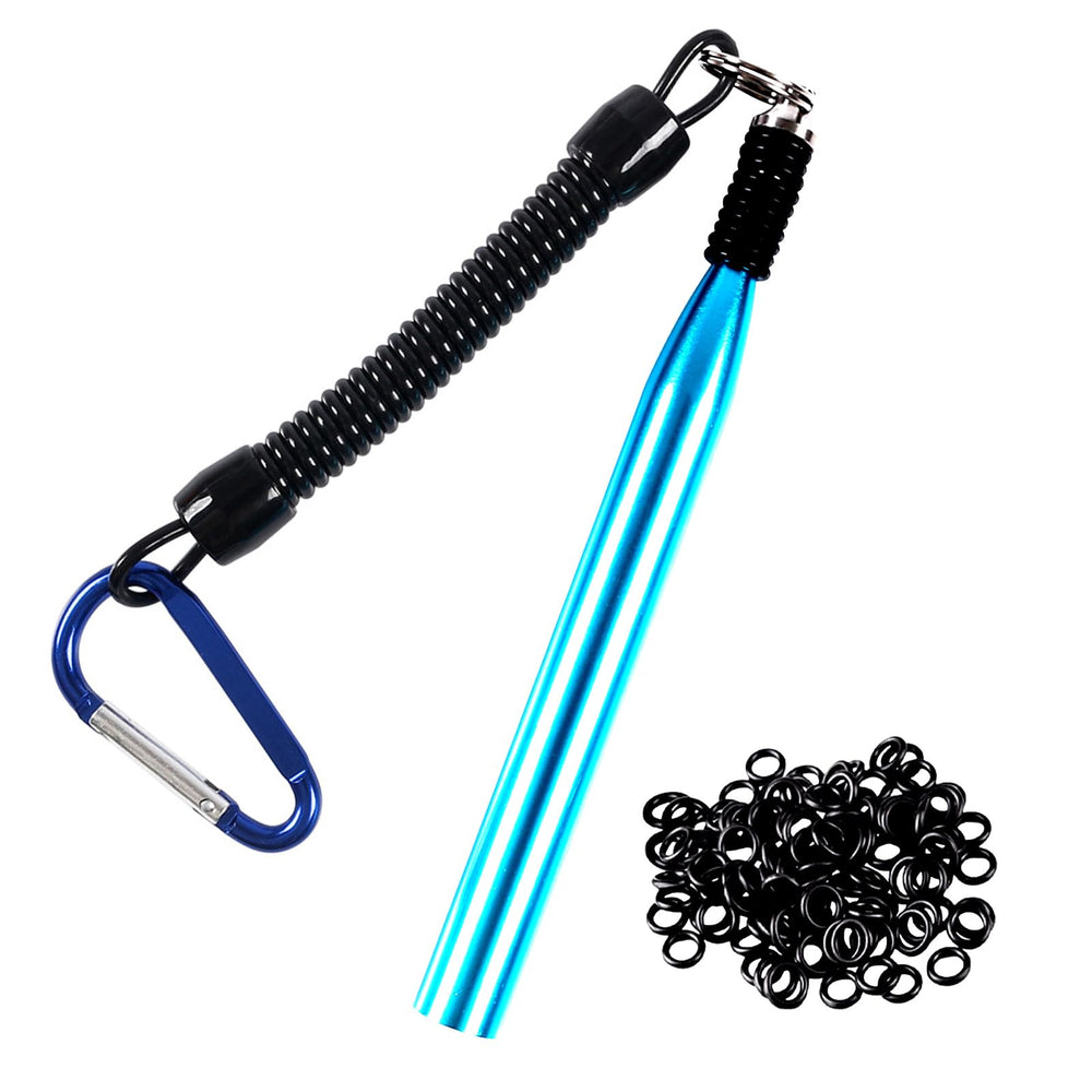 Wacky rig tool with blue aluminum tube and stainless steel tip