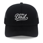 Front view of SJUDHHG Girl Dad Hat with GIRL DAD embroidery on black twill