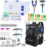 SKAITU fishing backpack with four tackle boxes for organized multi-day trips.