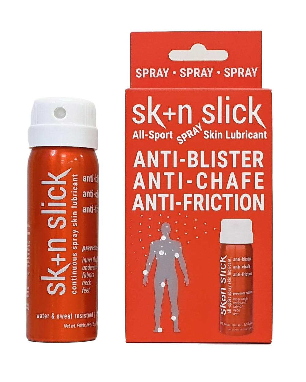 SKIN SLICK anti-chafe spray bottle ready for on-the-go use, helping reduce leg chafing.