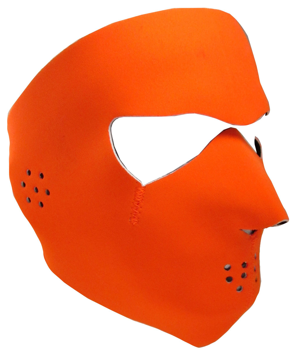 SkulSkinz blaze orange full-face mask front view showing reversible color and snug fit for outdoor use