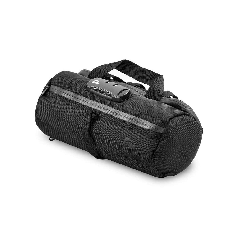 Skunk Duffle small 10in black outside front demonstrates rugged build for secure travel.