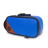 Skunk Sidekick case closed in navy leather with brown trim for secure portability.