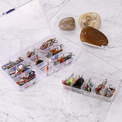 Spinner lures displayed with included tackle boxes