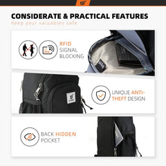 SkySPER sling bag built in anti theft fob and hidden back pocket for security
