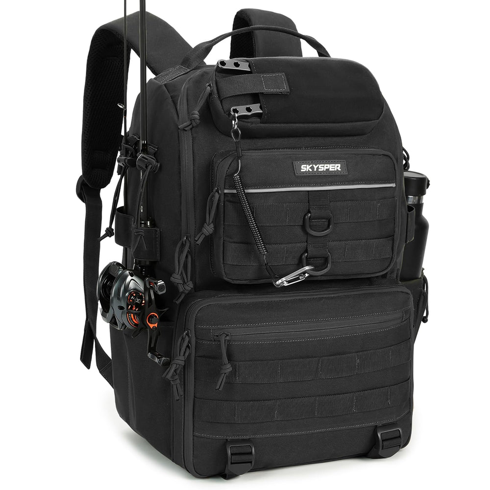 Front view of SKYSPER 40L fishing backpack in black