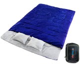 Sleepingo double sleeping bag waterproof queen-blue exterior offers all-weather warmth for two campers.