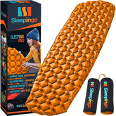 Sleepingo inflatable mat folded for compact backpacking carry.
