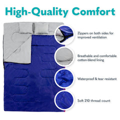 Sleepingo queen-size convertible bags shown transforming into two singles for flexibility.