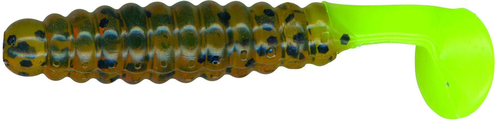 Slider CSGF17 crappie grub in pumpkin chartreuse for panfish appeal.