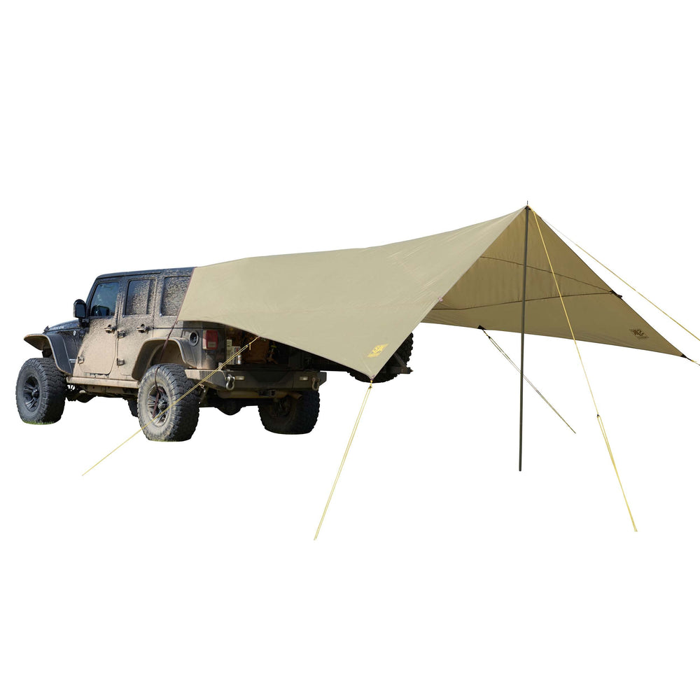Slumberjack Roadhouse Tarp A-frame setup with vehicle attachment for versatile shelter.