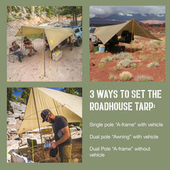 Slumberjack Roadhouse Tarp dual-pole awning with vehicle provides shade and rain protection.