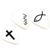SM Design set of 3 guitar picks close-up shows durable stainless steel finish.