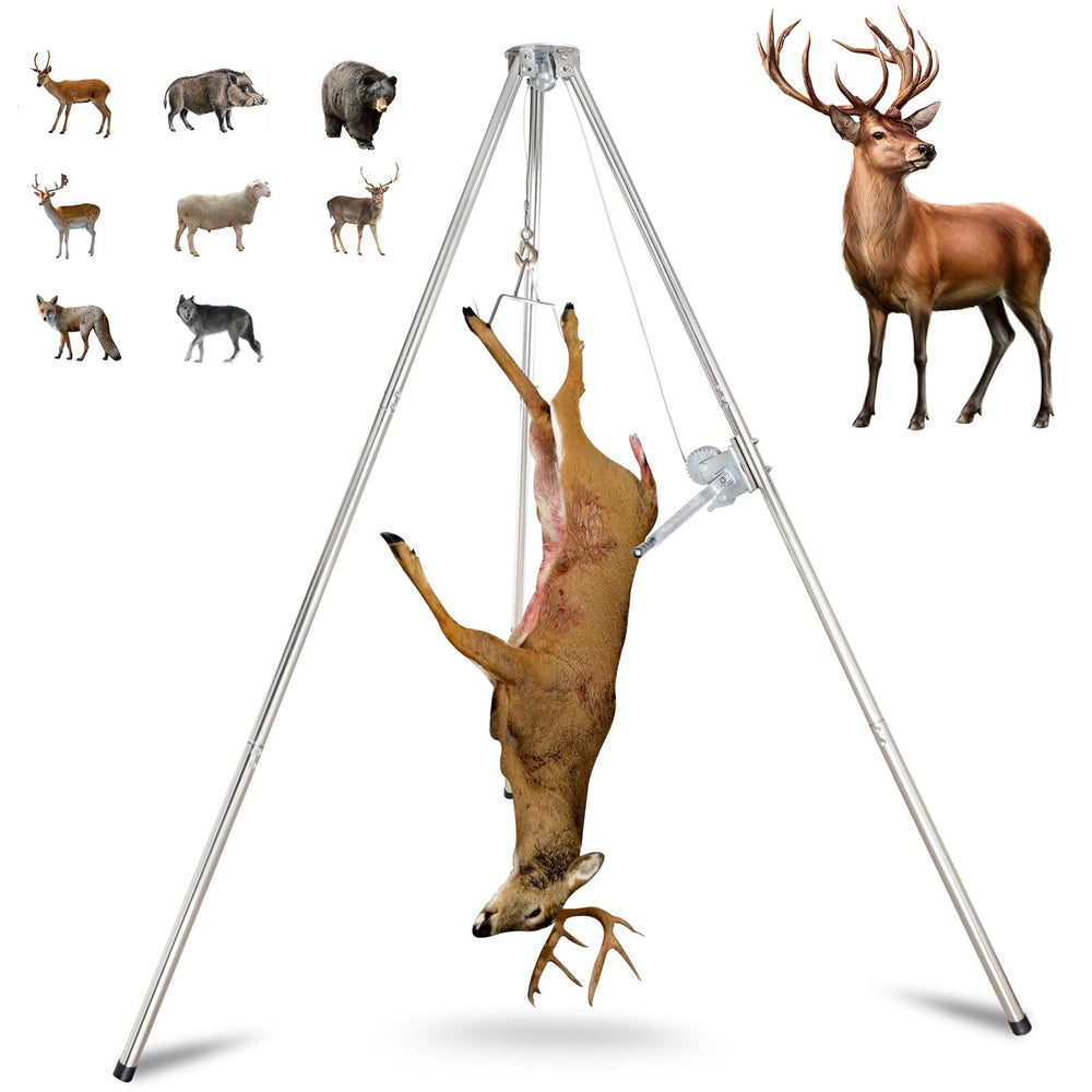 Smarkey deer game hoist tripod assembly demonstrates sturdy stainless steel for rugged field use.