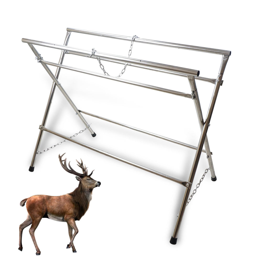 Smarkey deer processing rack assembled demonstrates adjustable height for field dressing.