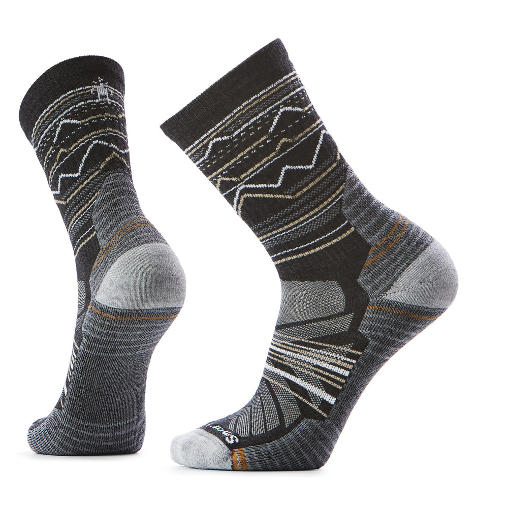 Smartwool men's hike sock close-up with mountain-range pattern for all-day trail comfort.