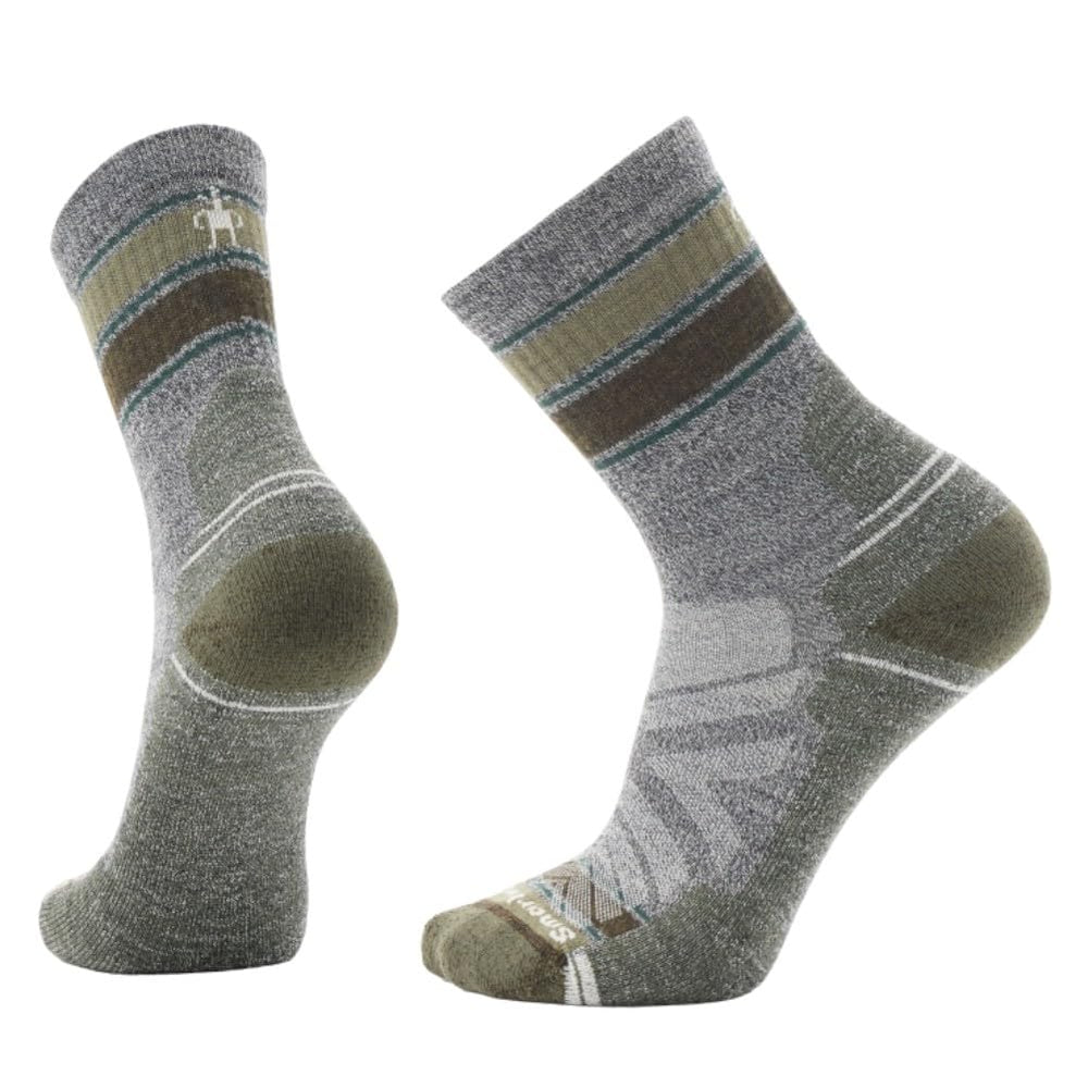 Smartwool mens hike light cushion striped mid-crew socks on ash-charcoal for all-day hiking comfort.