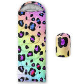 Smell Sunshine kids sleeping bag with rainbow spots and hood for warmth.