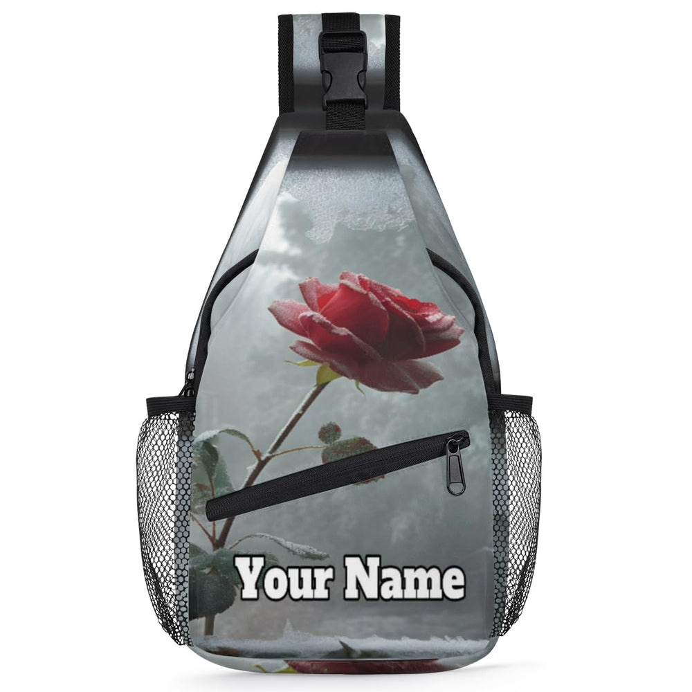 Snatocys sling bag with rose design, front view with name customization for daily use.