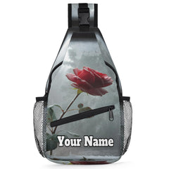 Snatocys sling bag with rose design, front view with name customization for daily use.