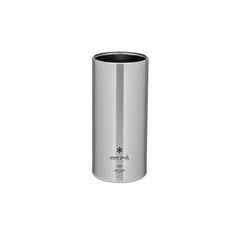 Snow Peak Shimo can cooler in hand, vacuum-insulated for a cooler drink.