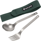 Snow Peak titanium fork and spoon set, compact and ultralight for backpacking meals.