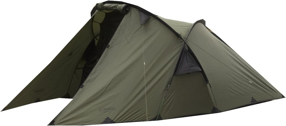 Snugpak Scorpion 3 IX tent olive with front porch for gear storage.