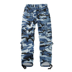Sobrisah Blue Black Camo Pants back view showcases flattering silhouette and adjustable ankle drawstring.