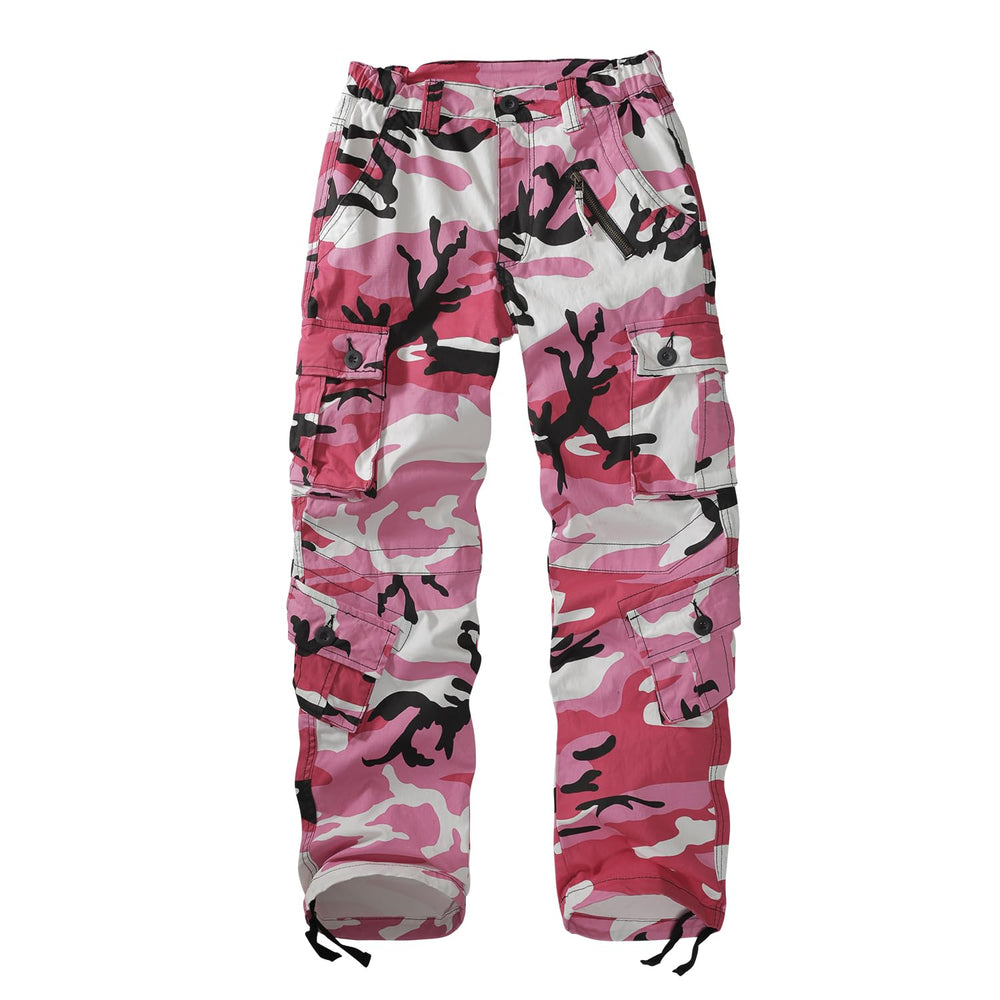 Sobrisah pink camo pants front view shows roomy cargo fit for daily wear and comfort.
